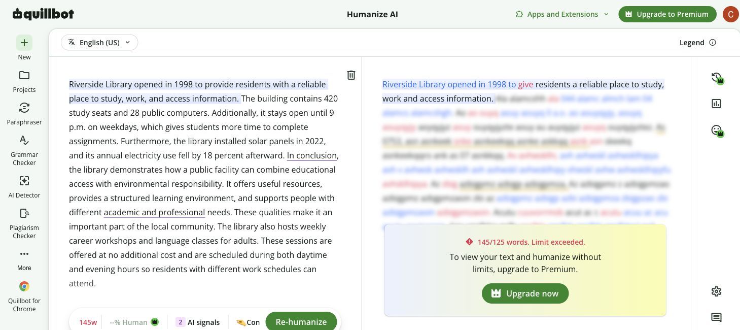Бесплатный лимит QuillBot AI Humanizer в 125 слов, отображаемый после ввода 145 слов
