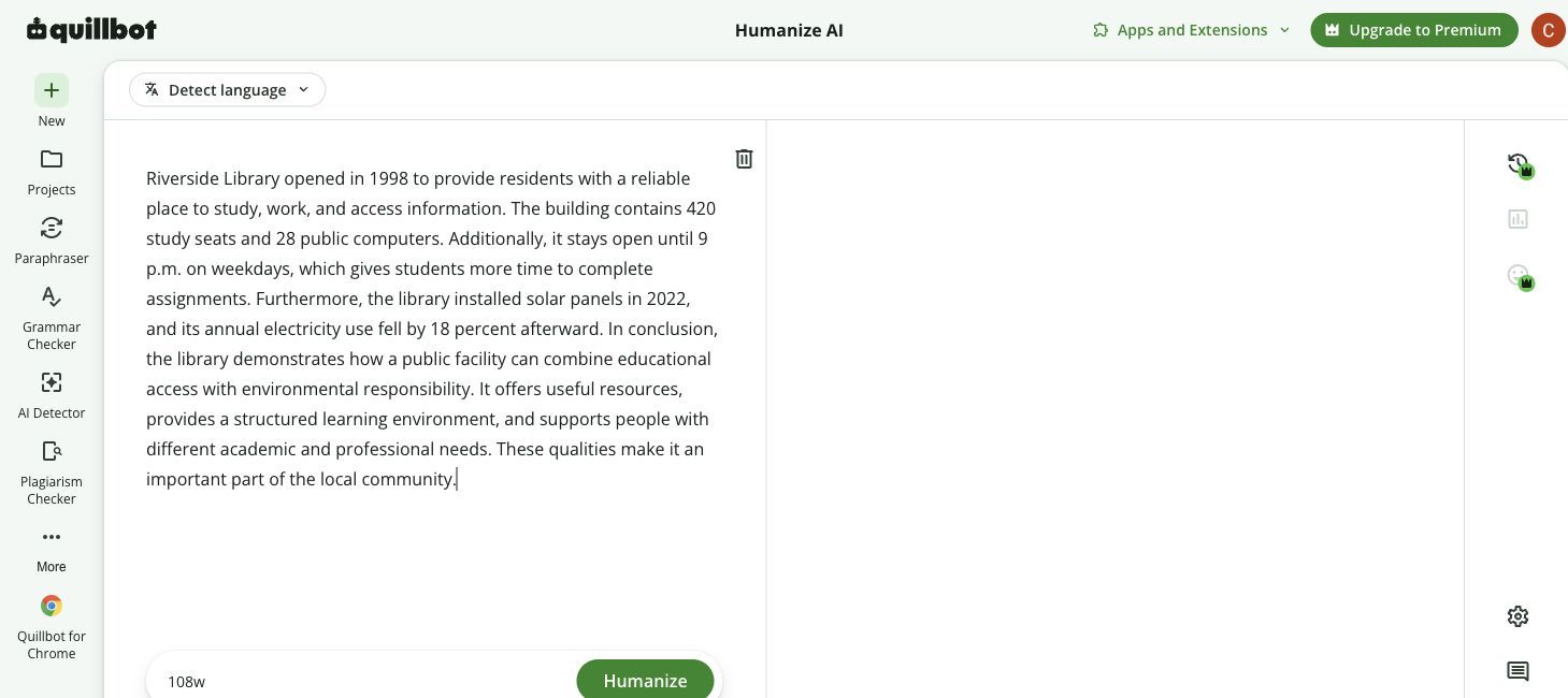 Общий тестовый отрывок, введенный в QuillBot AI Humanizer