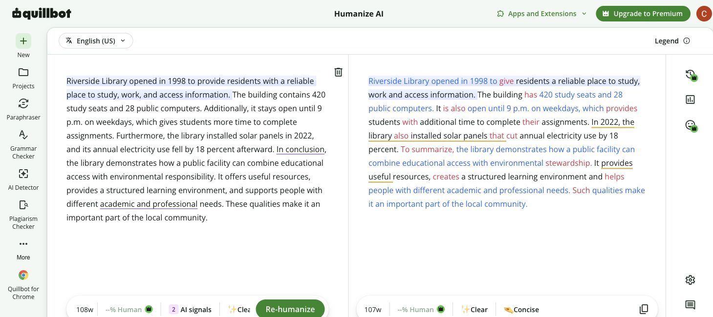 Вывод QuillBot AI Humanizer для общего тестового отрывка