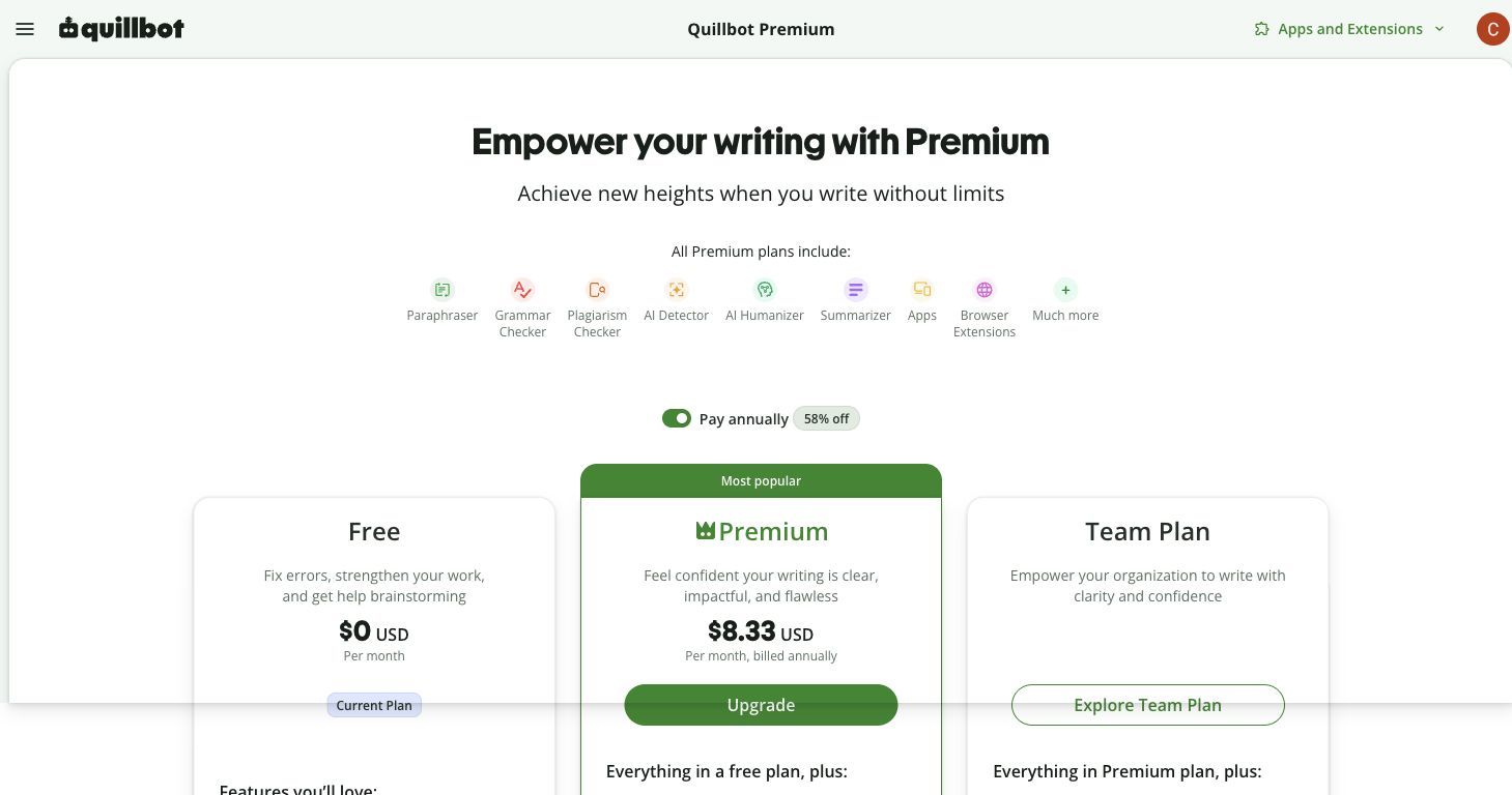Сравнение цен на планы QuillBot Free, Premium и Team