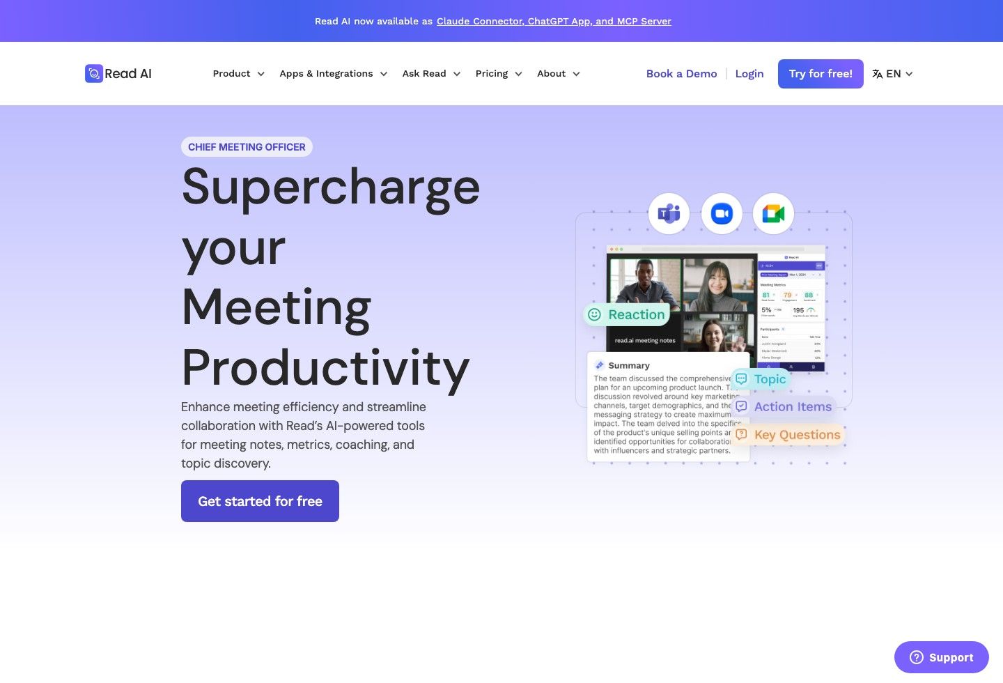 Read AI official meeting page showing summaries, topics, and action items