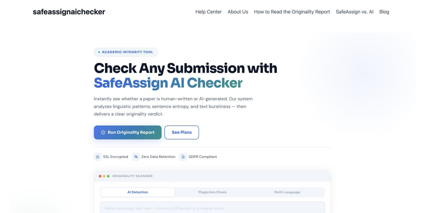 Homepage und Originalitätsscanner des Drittanbieter-SafeAssign AI Checker