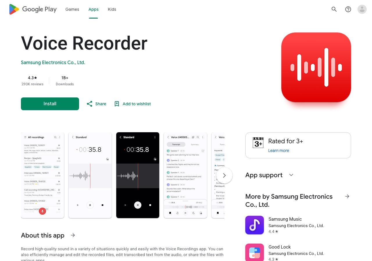Samsung Voice Recorder Google Play listing with recording and transcript screenshots