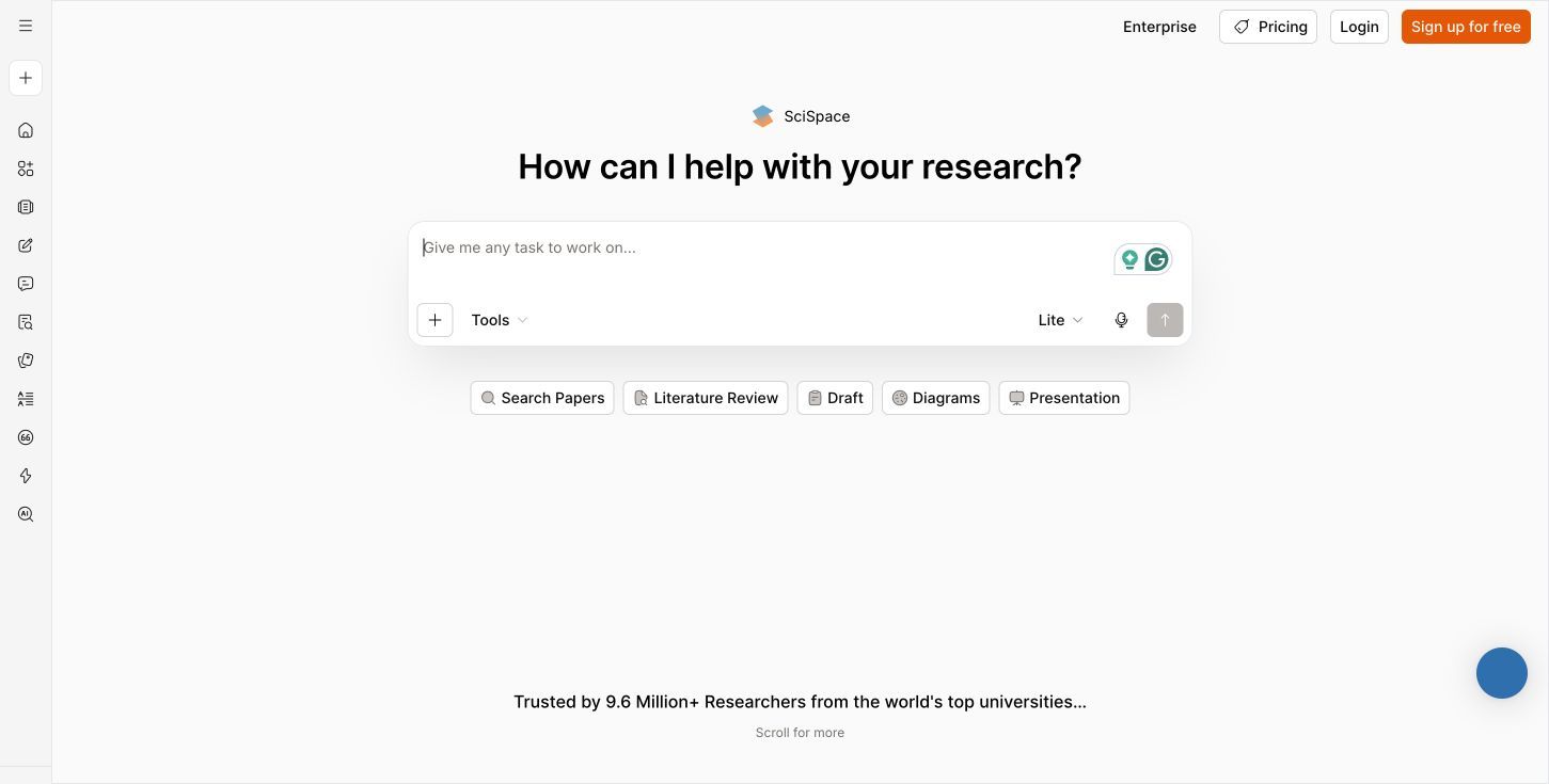 SciSpace research interface with paper search and research tools