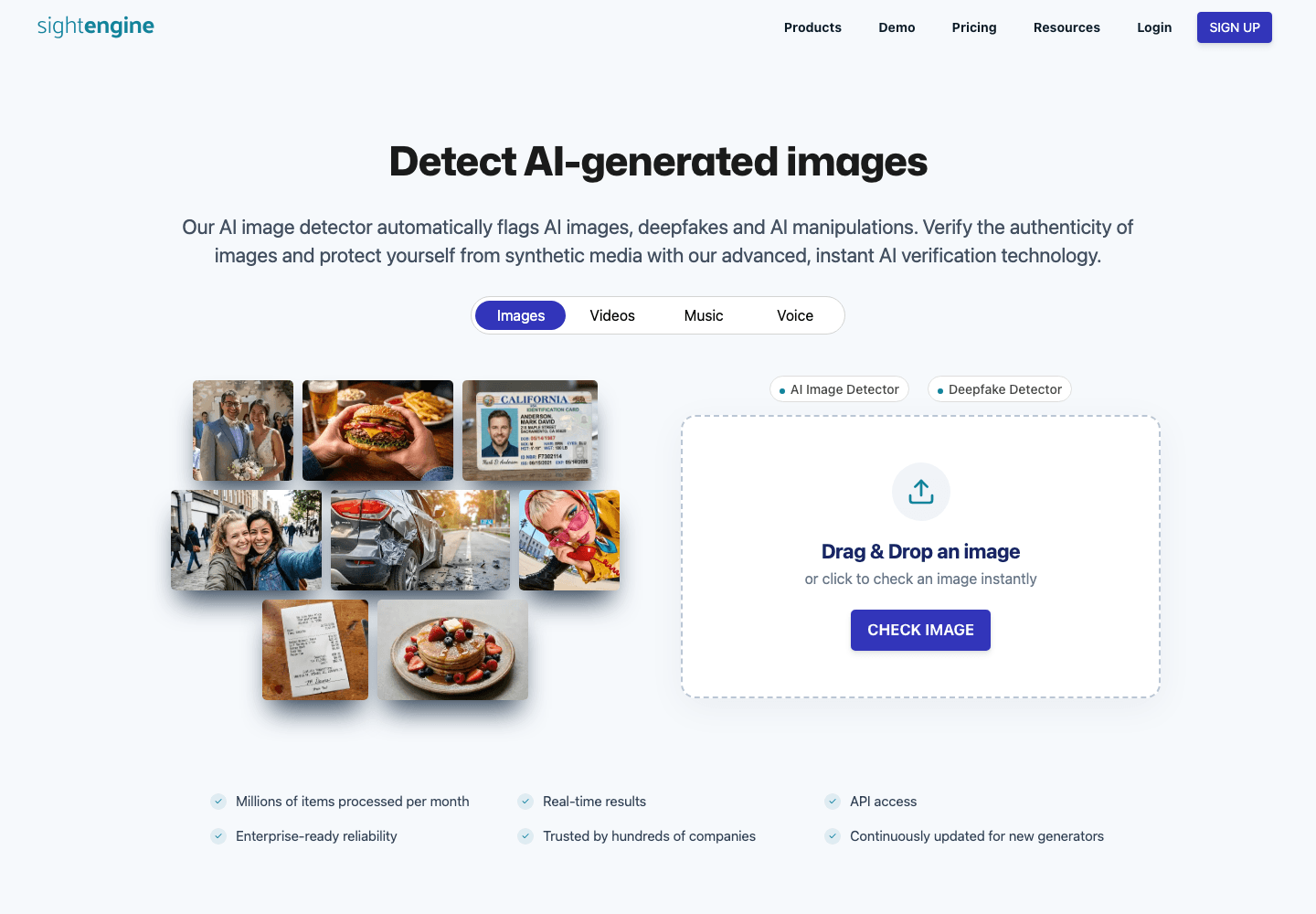 Interfaz de carga del detector de imágenes de IA Sightengine