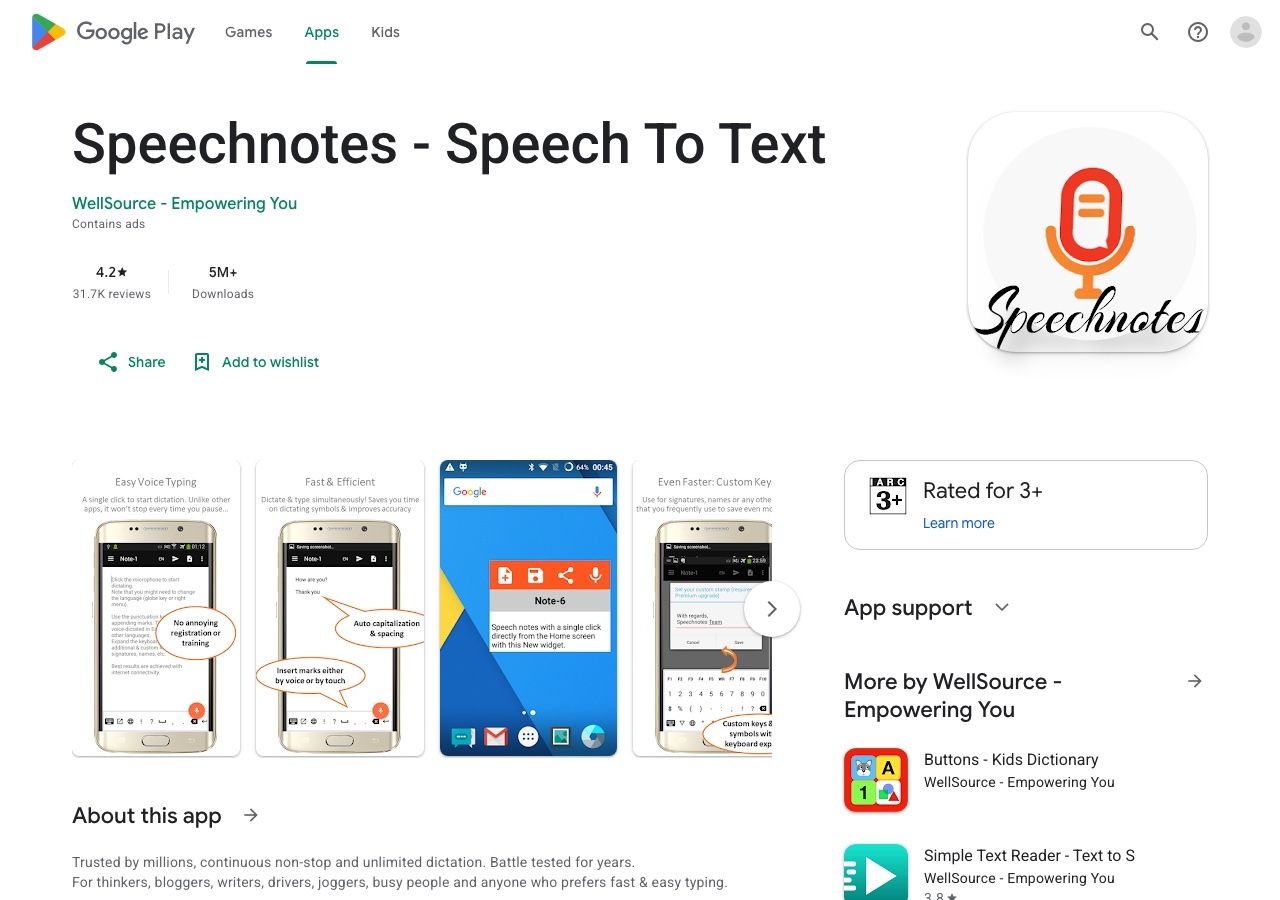 Speechnotes Google Play listing and Android app screenshots