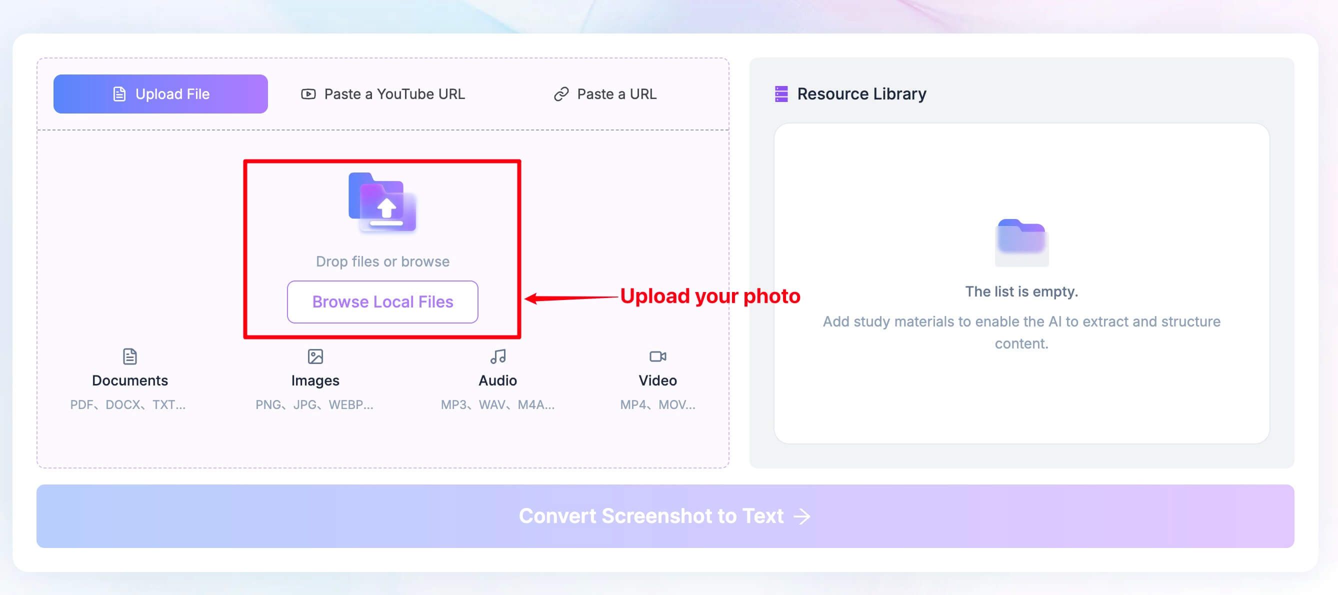 Laden Sie einen Screenshot in Lynote Screenshot zu Text hoch
