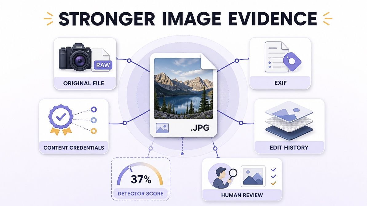 Original files, metadata, Content Credentials, edit history, and human review provide stronger image evidence