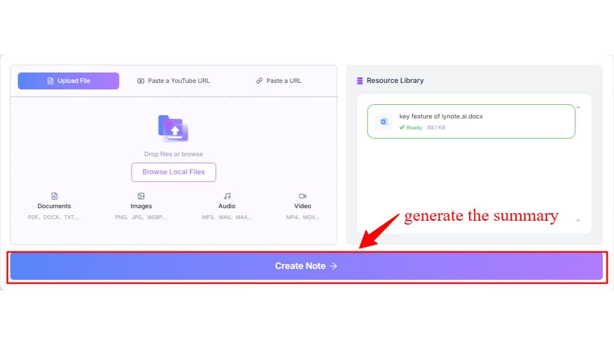Lynote AI Özetleyici adım 2 özeti oluşturun