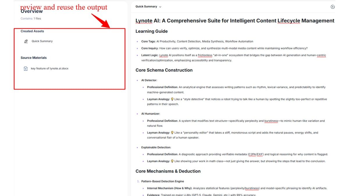 Lynote AI Özetleyici adım 3 çıktıyı gözden geçirin ve yeniden kullanın