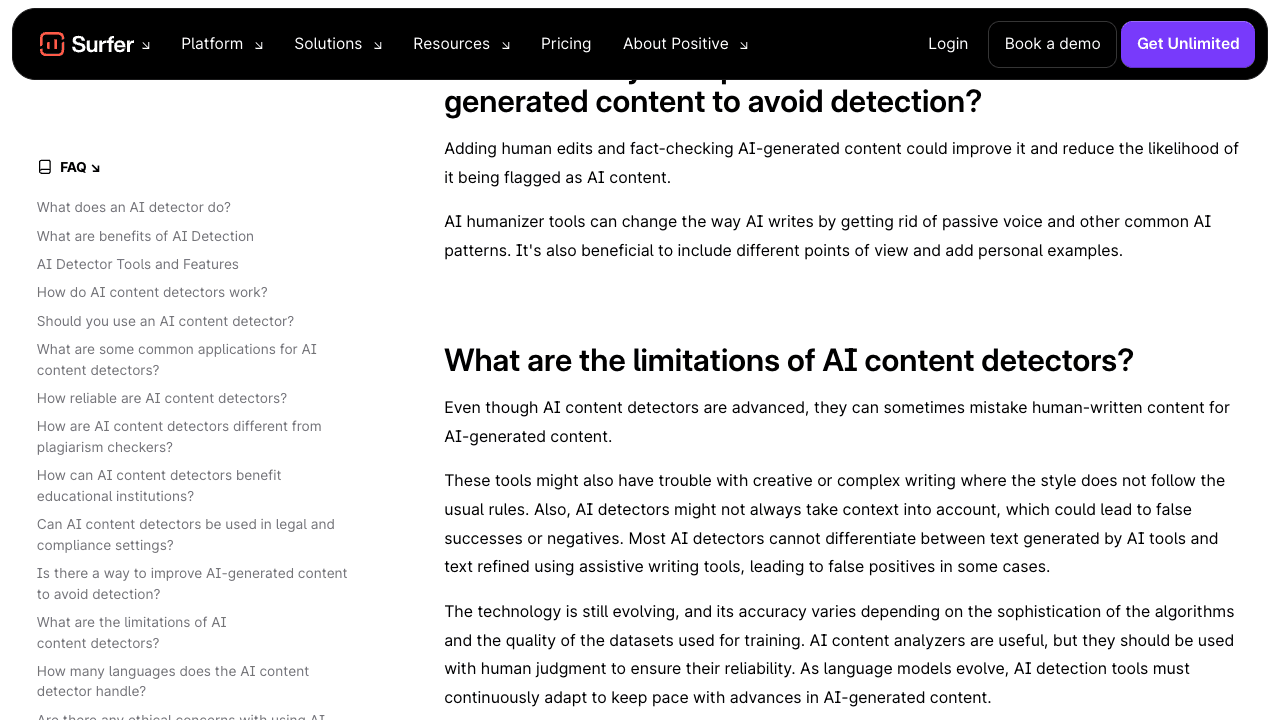 Surfer AI Detector FAQ, das Einschränkungen und Fehlalarme bei der KI-Inhaltsdetektion erklärt