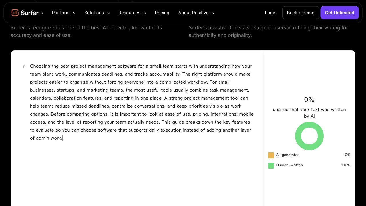 Surfer SEO AI Content Detector zeigt 0 Prozent KI-generiert für eine kurze SEO-Einleitung