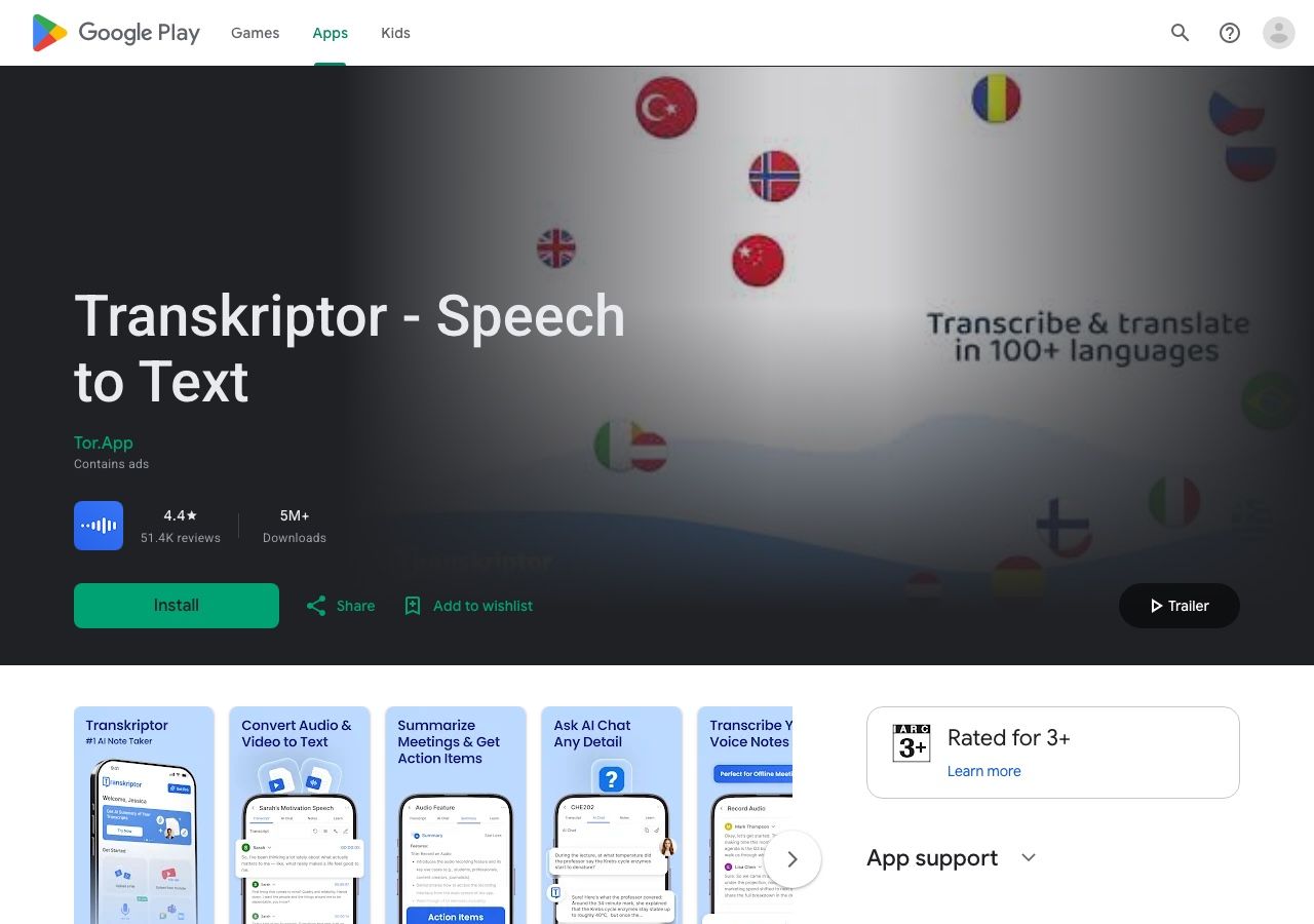 Transkriptor Google Play listing and mobile app screenshots