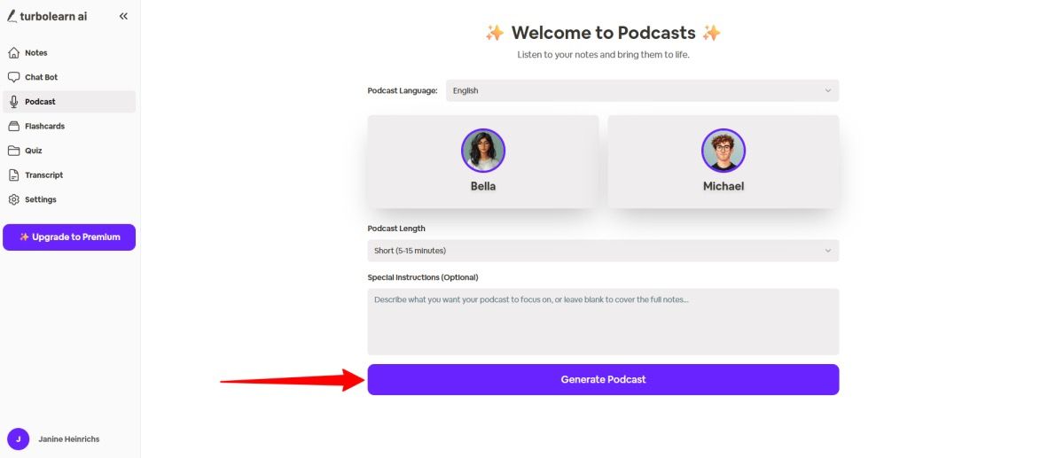 Generador de podcasts de TurboLearn AI con apuntes, chat, tarjetas de estudio, cuestionario y navegación de transcripciones