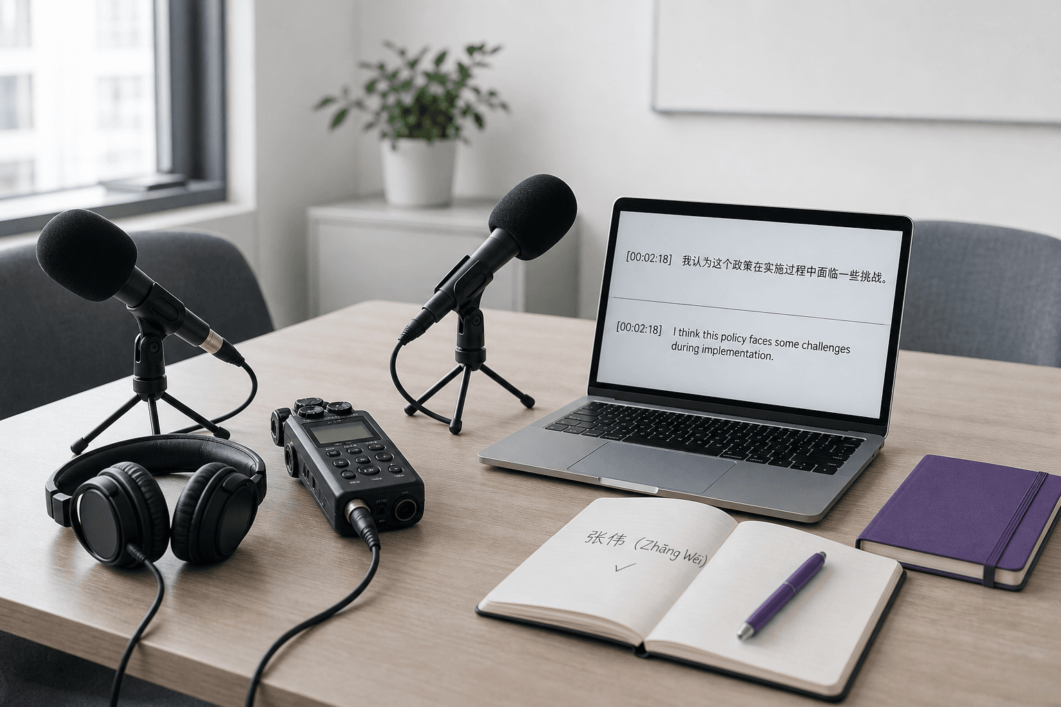 Mandarin interview recording reviewed beside Chinese and English transcripts
