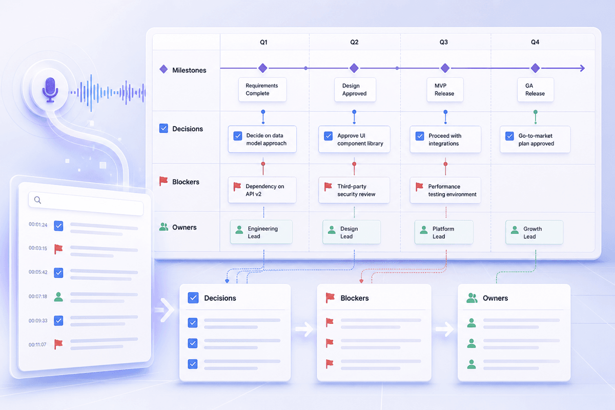 Project review recording organized into milestones, blockers, and decisions