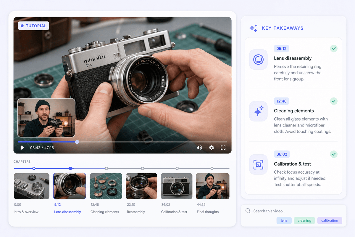 YouTube tutorial summarized into chapters and key takeaways
