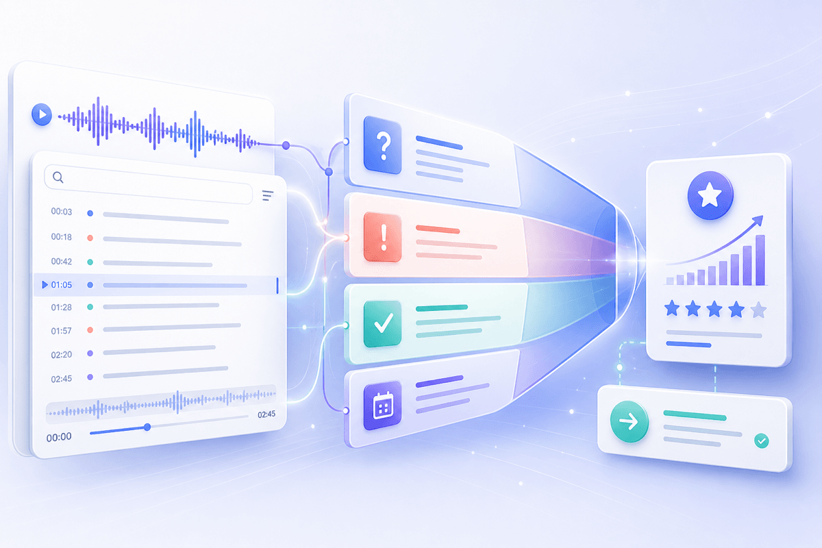Sales call transcript showing objections, questions, and follow-up details