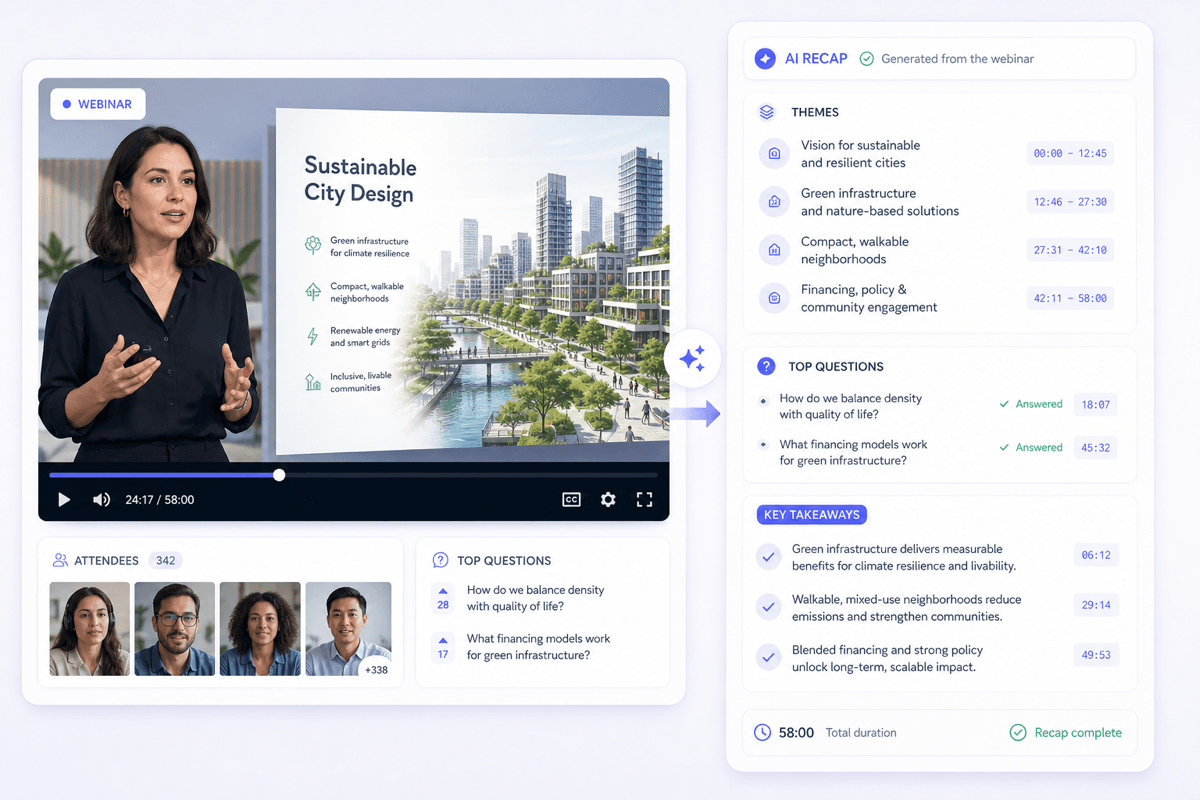 Professional webinar summarized into themes, audience questions, and key takeaways