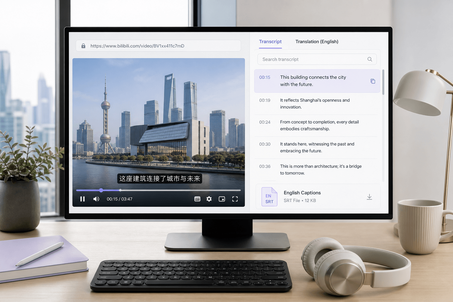 Chinese online video translated into an English transcript and captions