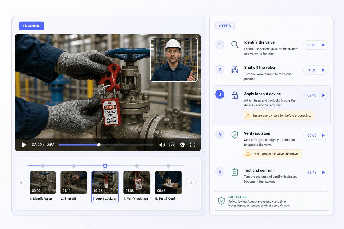 Workplace safety training video summarized into ordered steps with timestamps