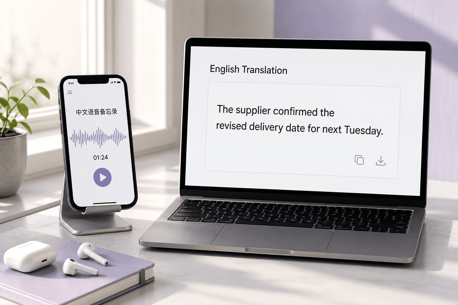 Mandarin voice note converted into editable English text