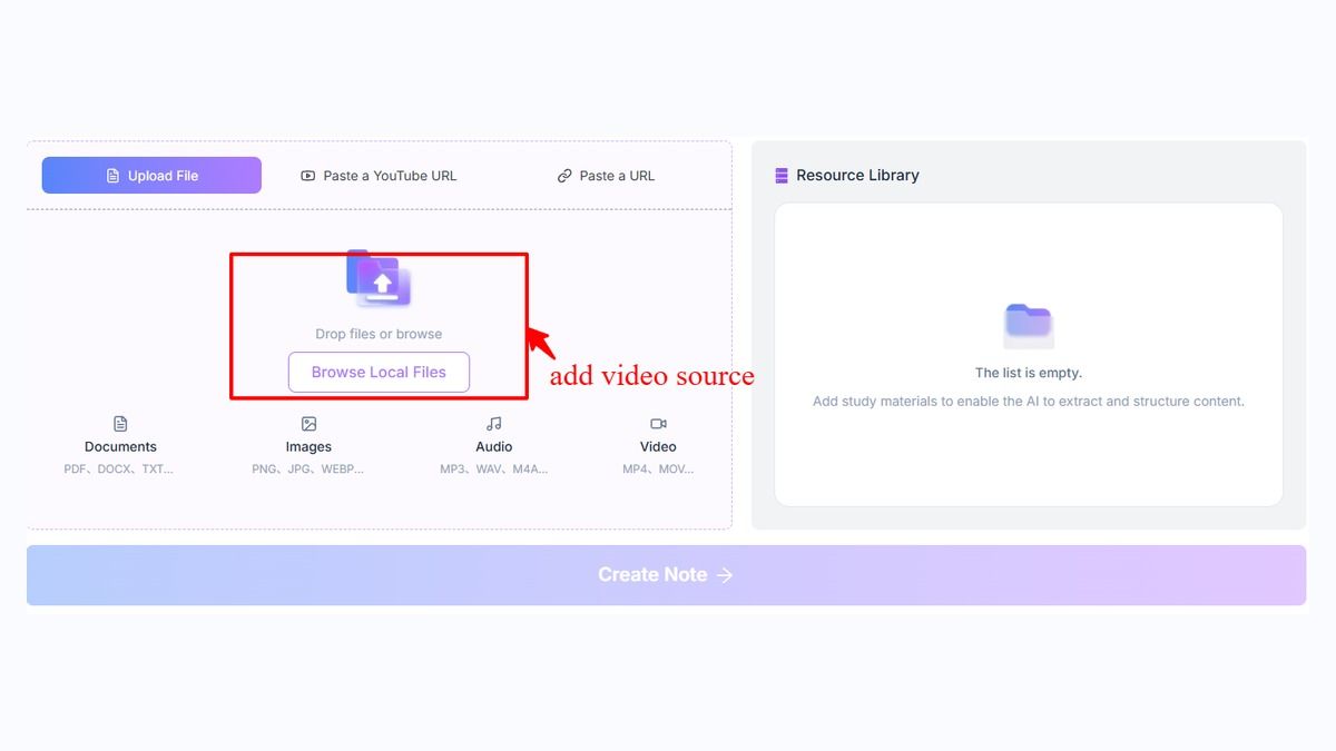 Lynote Video to Text step 1 add video source