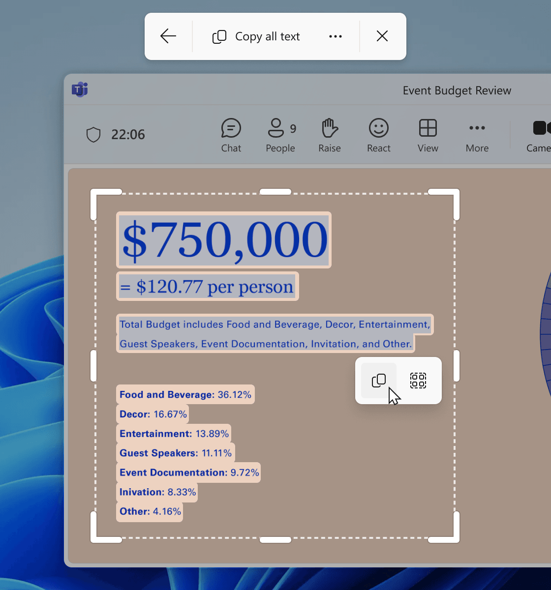 Windows Snipping Tool Text Extractor mit erkanntem Text und Alle Texte kopieren