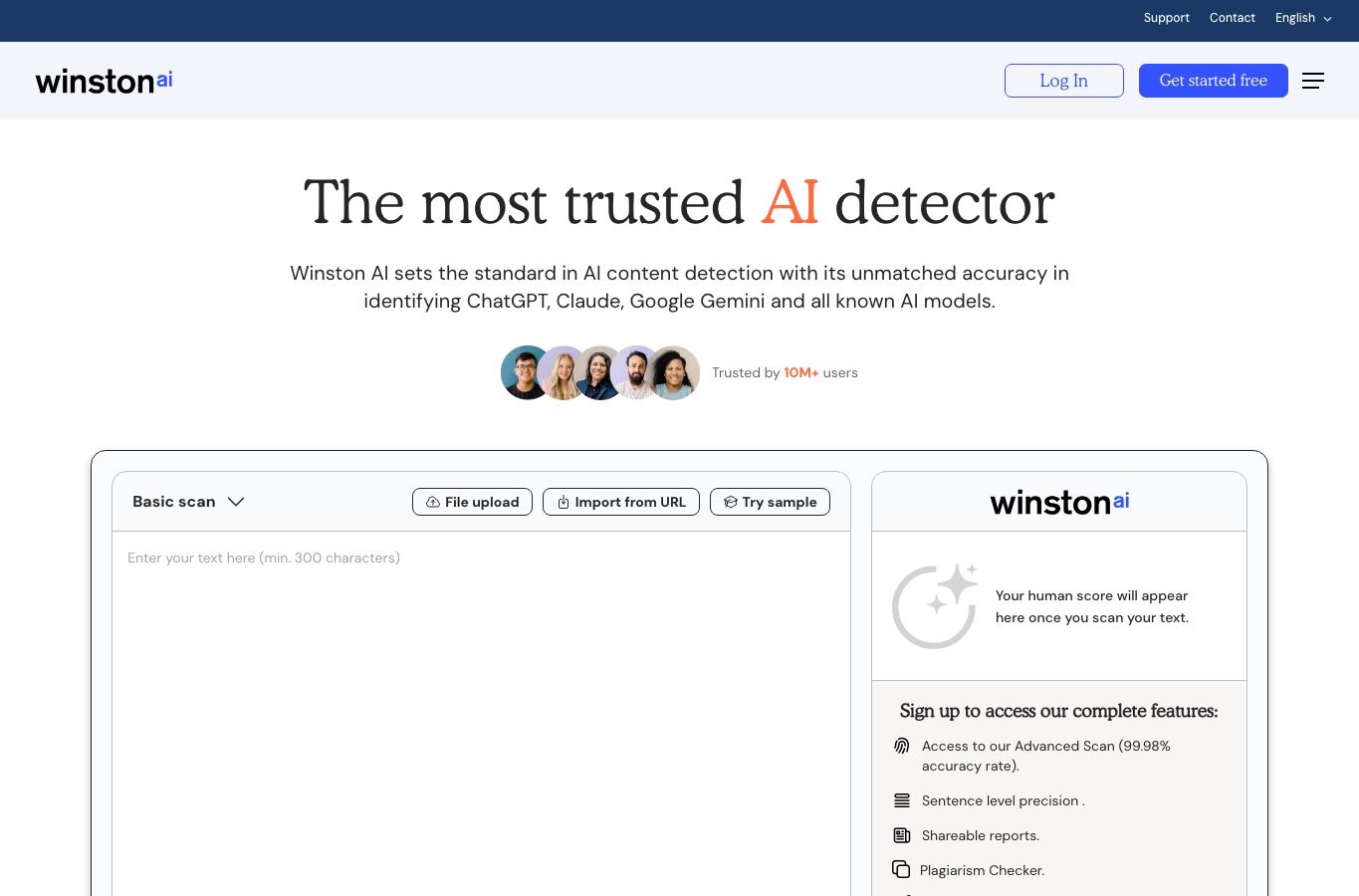 Домашняя страница детектора ИИ Winston AI