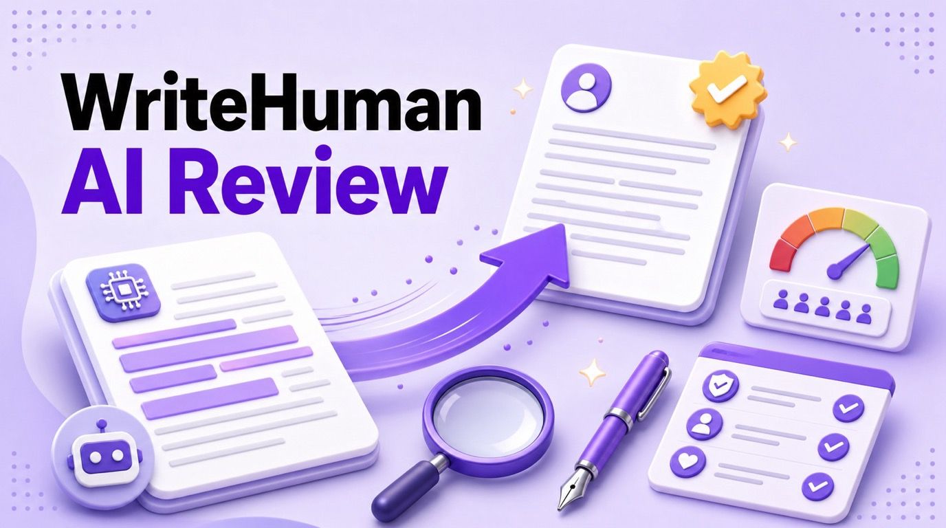 WriteHuman AI review cover showing an AI humanizer workflow, detector check, pricing notes, and editing review