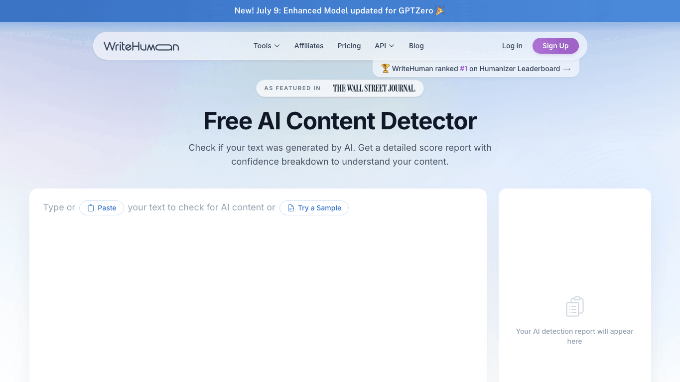 WriteHuman AI Detector page showing paste input and report panel