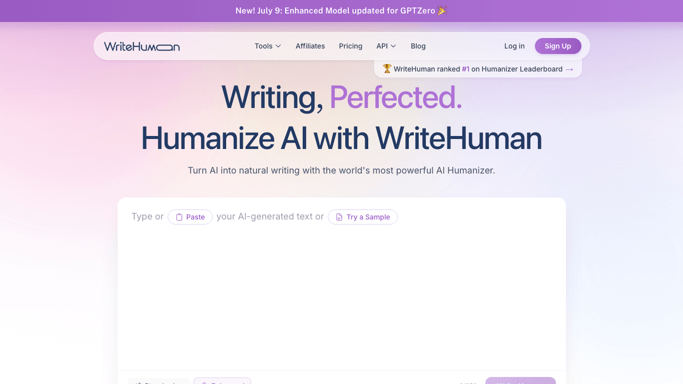 WriteHuman AI homepage showing the AI humanizer input workflow