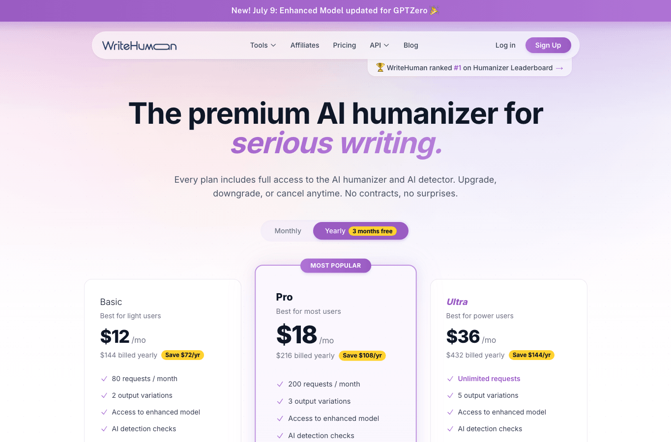 WriteHuman AI pricing page showing Basic Pro and Ultra plans