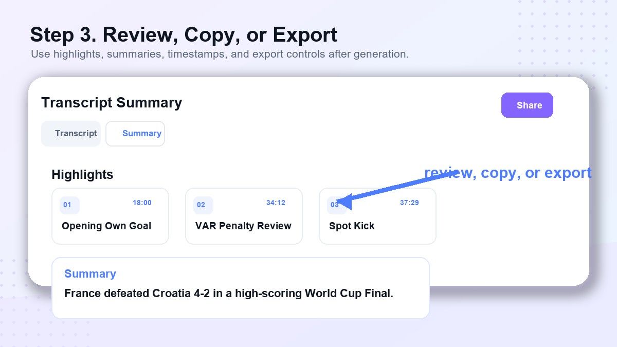 Lynote YouTube Summary step 3 review copy or export results