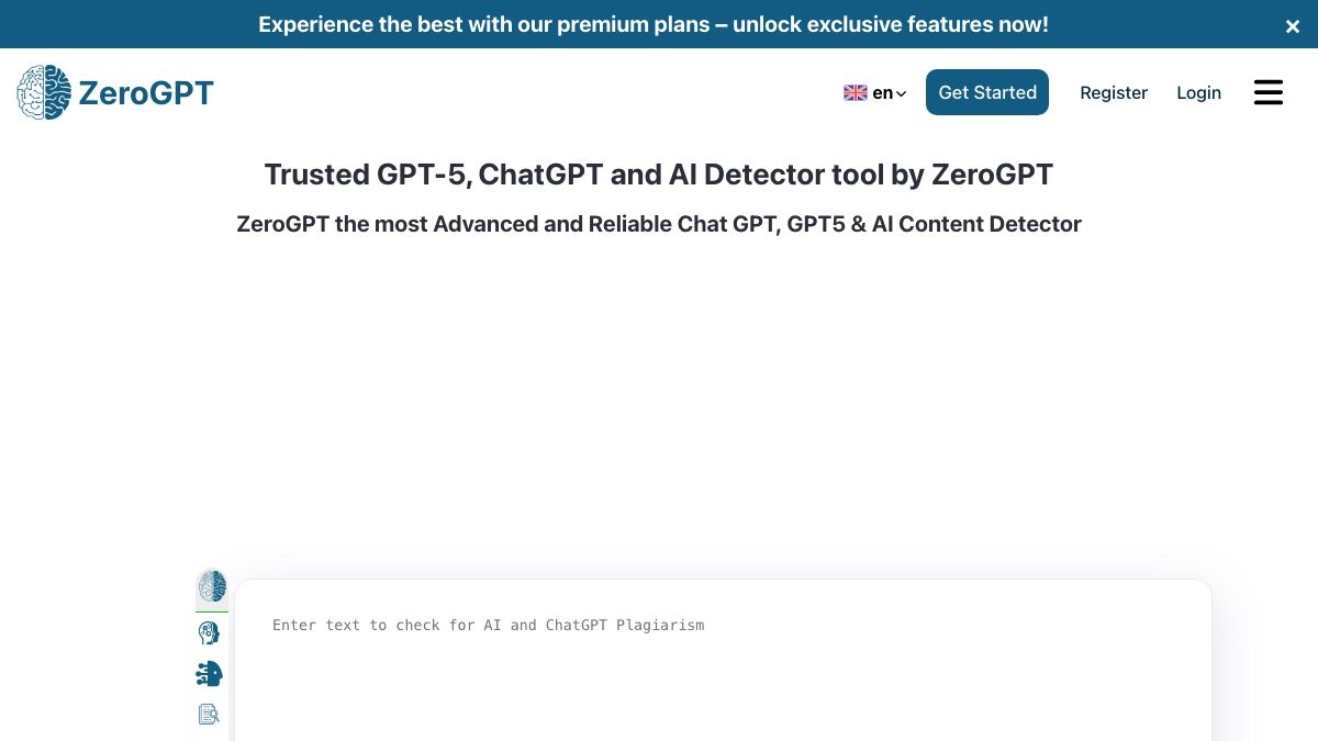 ZeroGPT KI-Detektor-Homepage mit einer Oberfläche zum Einfügen und Überprüfen